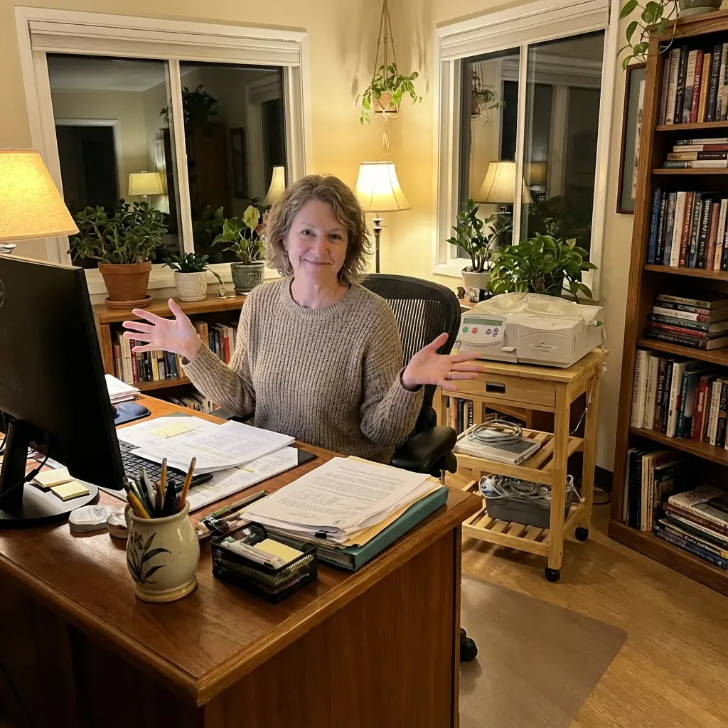 Woman working while on dialysis at a home office desk with a desktop computer while a peritoneal dialysis cycler sits on a cart behind her.
