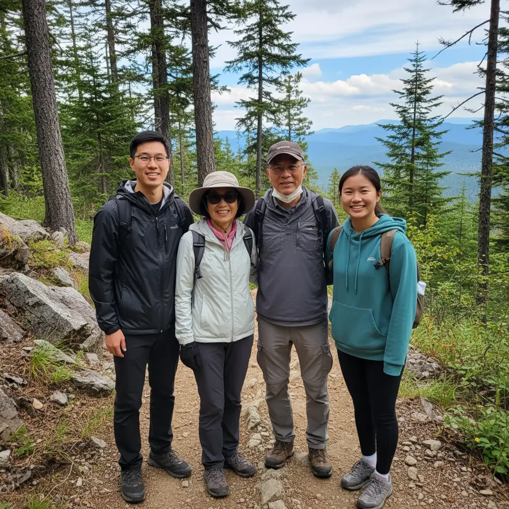 Smiling family hiking on a forest mountain trail, symbolizing the freedom to travel while on home dialysis