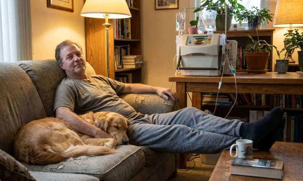 Man relaxing on a couch beside his dog with an automated peritoneal dialysis (APD) machine and tubing visible nearby.
